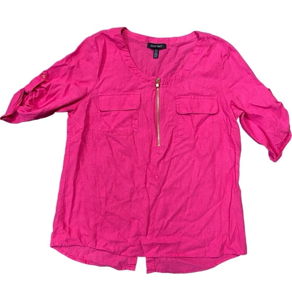 Ellen Tracy Hot Pink Linen Blend Half Zip Roll Tab Sleeve Blouse Top Size Large